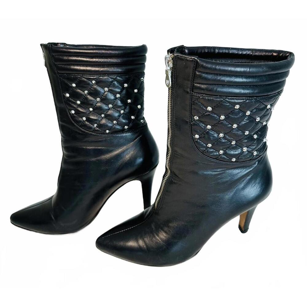 Ros Hommerson Ankle Boots Heels Studded Quilted Detail Black Zipper Front Sz 10M